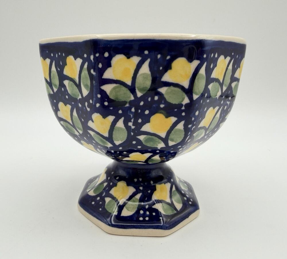 Boleslawiec Polish Pottery Footed Compote Ice Cream Bowl 4” Yellow Tulip Flowers